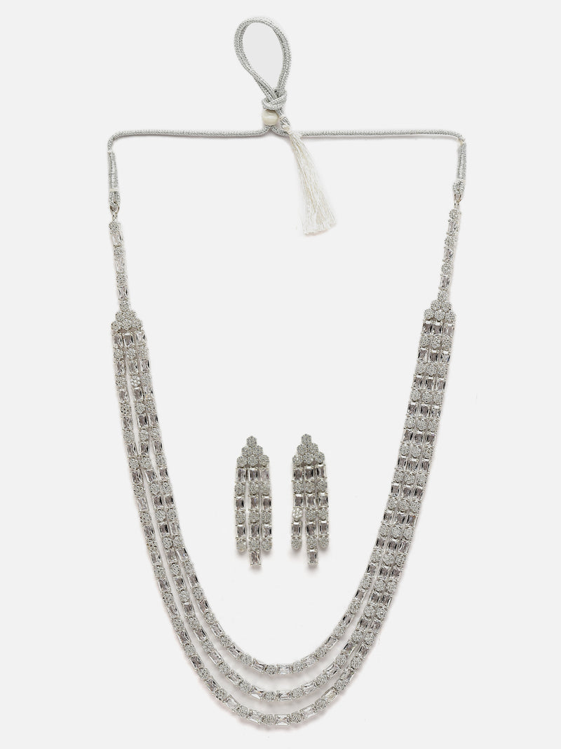 Rhodium-Plated White American Diamond Studded Layered Necklace & Earrings Jewellery Set