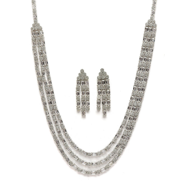 Rhodium-Plated White American Diamond Studded Layered Necklace & Earrings Jewellery Set