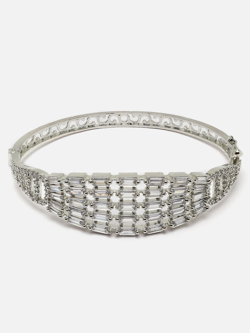 Rhodium-Plated White American Diamond Studded Kada Bracelet