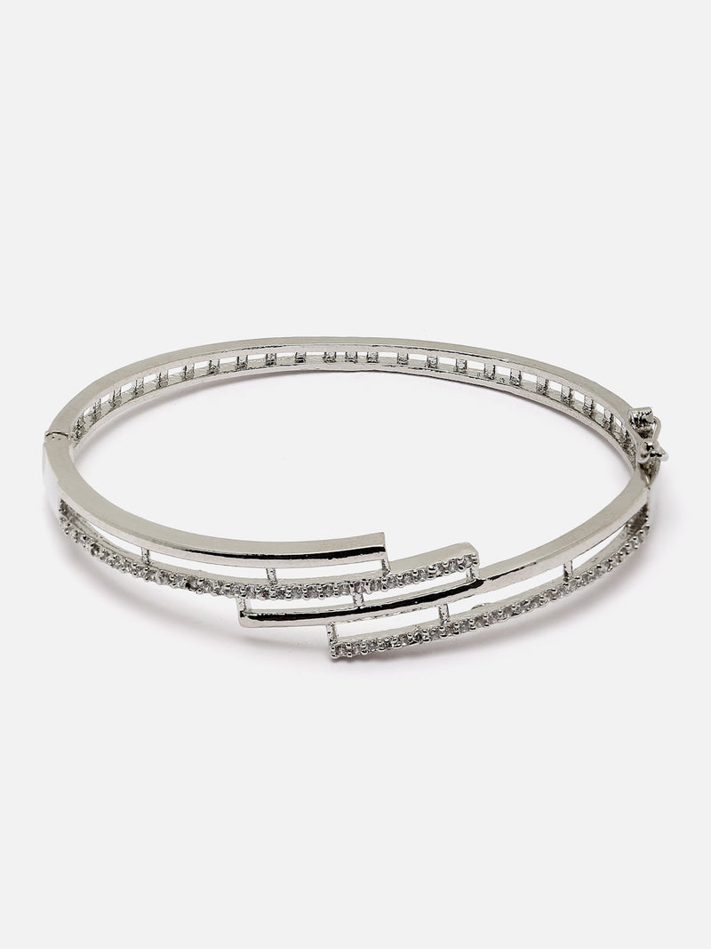 Rhodium-Plated Silver Toned White American Diamond Studded Kada Bracelet