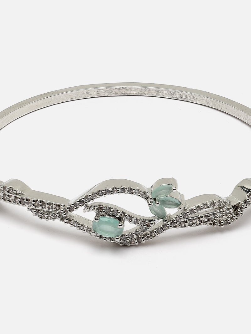 Rhodium-Plated Sea Green American Diamond Studded Handcrafted Kada Bracelet