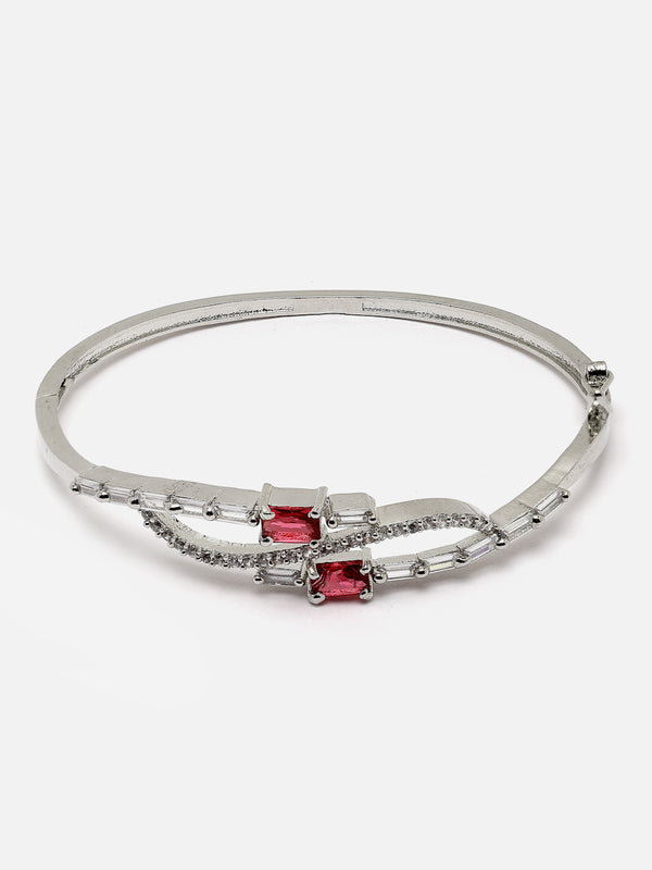 Rhodium-Plated Red American Diamond Studded Kada Bracelet