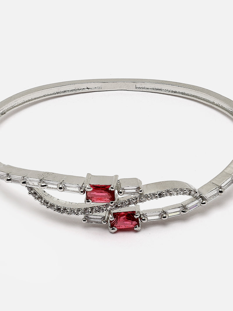 Rhodium-Plated Red American Diamond Studded Kada Bracelet