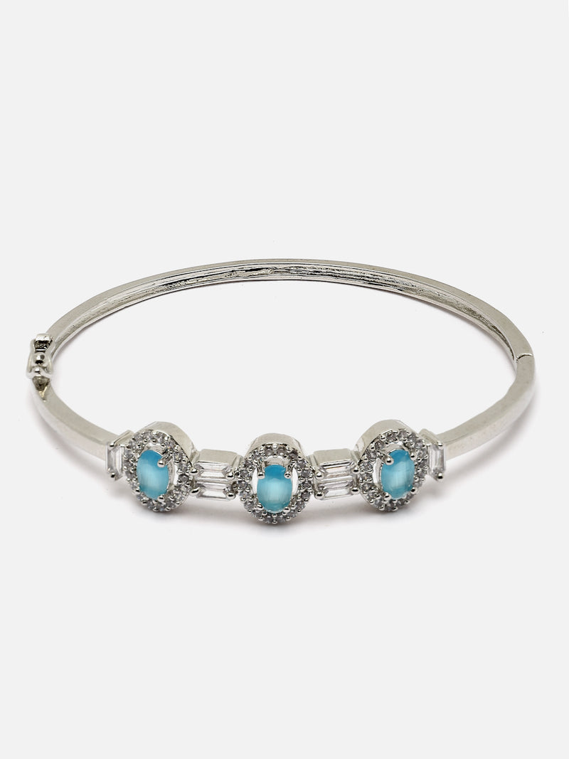 Rhodium-Plated Sky Blue Oval Shape American Diamond Studded Kada Bracelet