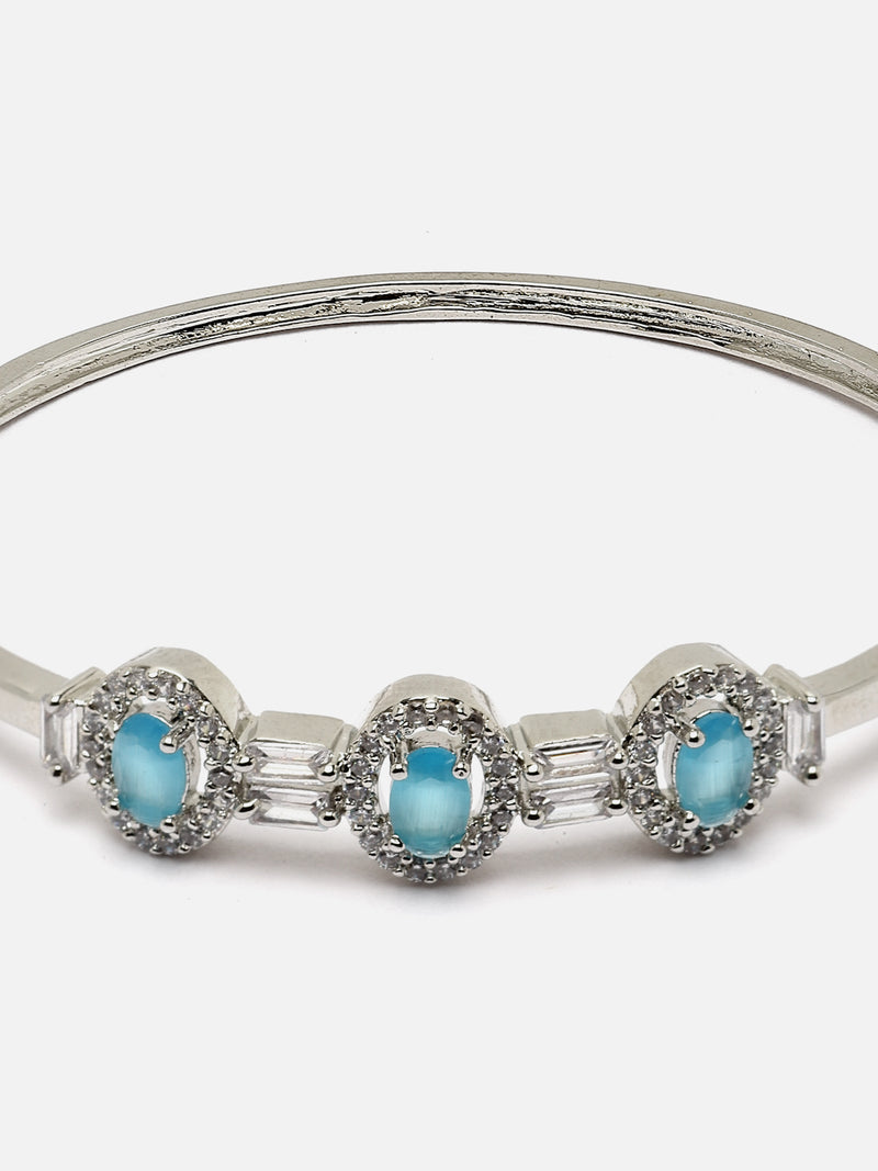 Rhodium-Plated Sky Blue Oval Shape American Diamond Studded Kada Bracelet