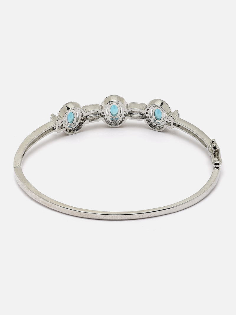 Rhodium-Plated Sky Blue Oval Shape American Diamond Studded Kada Bracelet