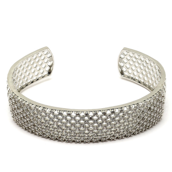 Rhodium Plated Silver Toned White American Diamond Studded  Cuff Bracelet