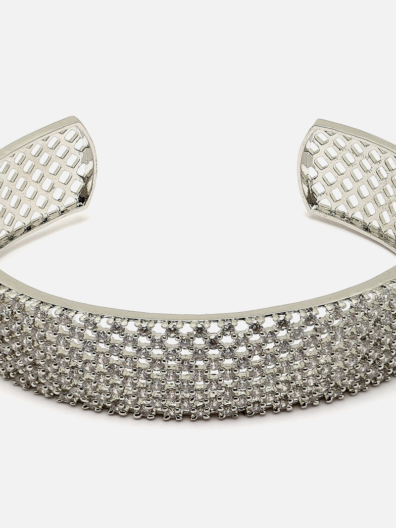 Rhodium-Plated White American Diamond Studded Handcrafted Cuff Bracelet