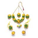 Gold-Plated Green-Yellow Gota Patti Floral White Pearls Beaded Haldi & Mehendi Jewellery Set with Maang Tikka & Haathphool Ring