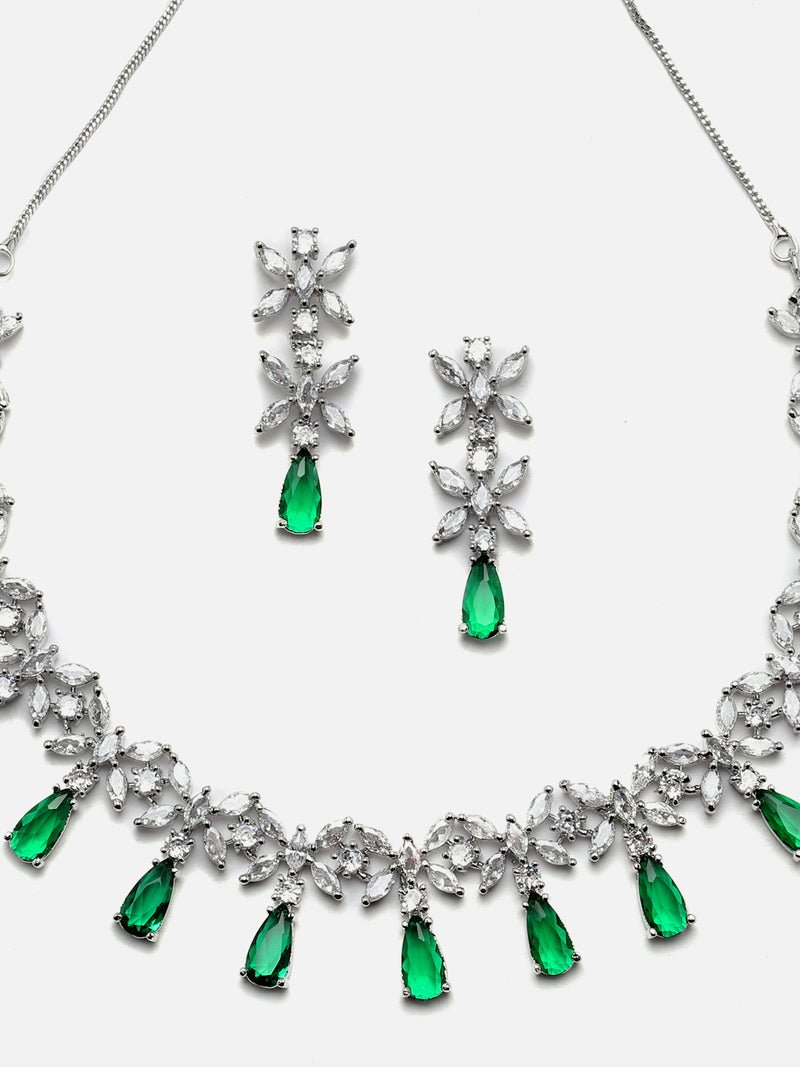 Rhodium-Plated Silver Toned Teardrop Green American Diamond Studded Necklace Earrings Jewellery Set