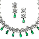 Rhodium-Plated Silver Toned Teardrop Green American Diamond Studded Necklace Earrings Jewellery Set