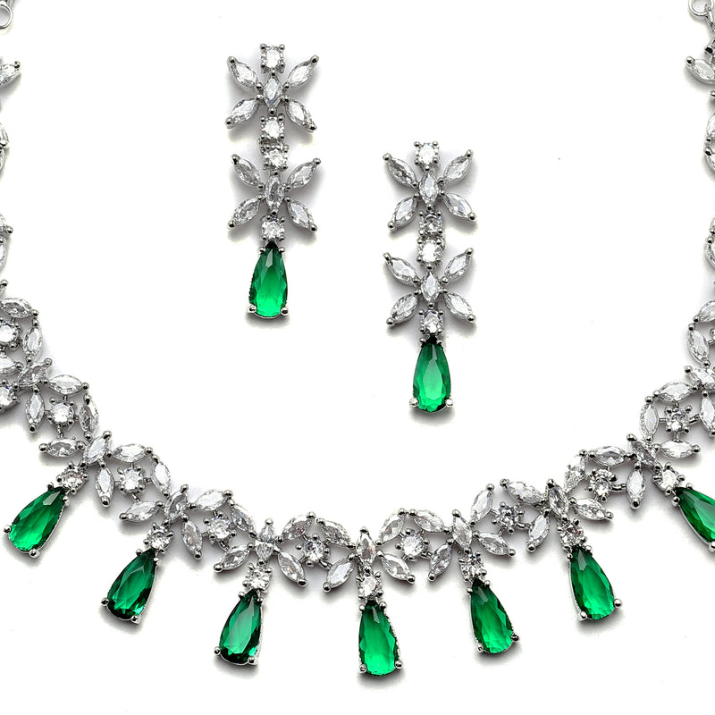 Rhodium-Plated Silver Toned Teardrop Green American Diamond Studded Necklace Earrings Jewellery Set