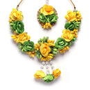 Gold-Plated Green-Yellow Gota Patti Floral White Pearls Beaded Haldi & Mehendi Jewellery Set with Maang Tikka & Haathphool Ring