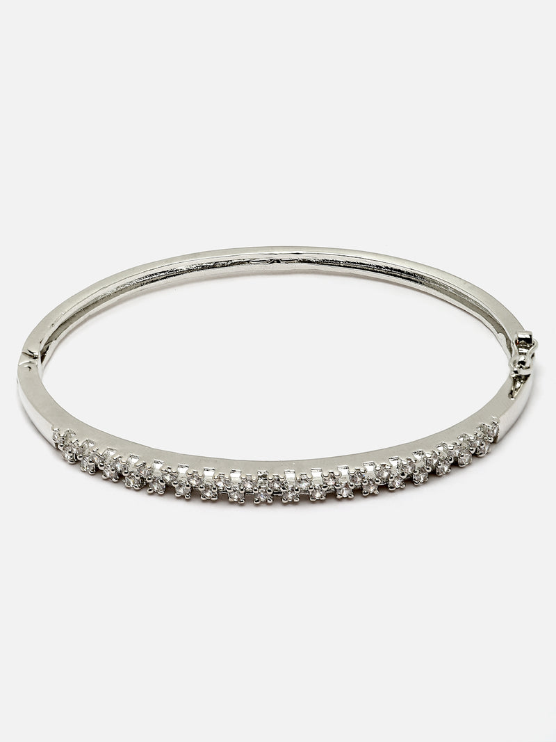 Rhodium-Plated Silver Toned White American Diamond Studded Modern Kada Bracelet