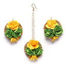 Gold-Plated Green-Yellow Gota Patti Floral White Pearls Beaded Haldi & Mehendi Jewellery Set with Maang Tikka & Haathphool Ring