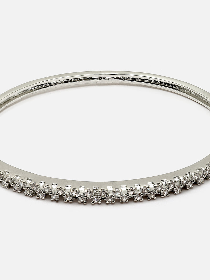 Rhodium-Plated Silver Toned White American Diamond Studded Modern Kada Bracelet