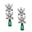 Rhodium-Plated Silver Toned Teardrop Green American Diamond Studded Necklace Earrings Jewellery Set