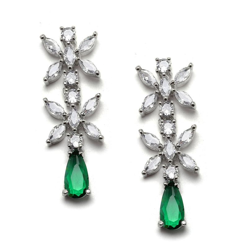 Rhodium-Plated Silver Toned Teardrop Green American Diamond Studded Necklace Earrings Jewellery Set