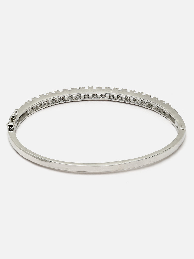 Rhodium-Plated Silver Toned White American Diamond Studded Modern Kada Bracelet