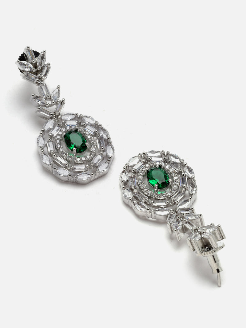 Rhodium-Plated Silver Toned Square Green American Diamond Studded Necklace with Earring Jewellery Set