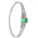 Rhodium Plated Silver Toned Square Shaped Emerald Green American Diamond Studded Bracelet
