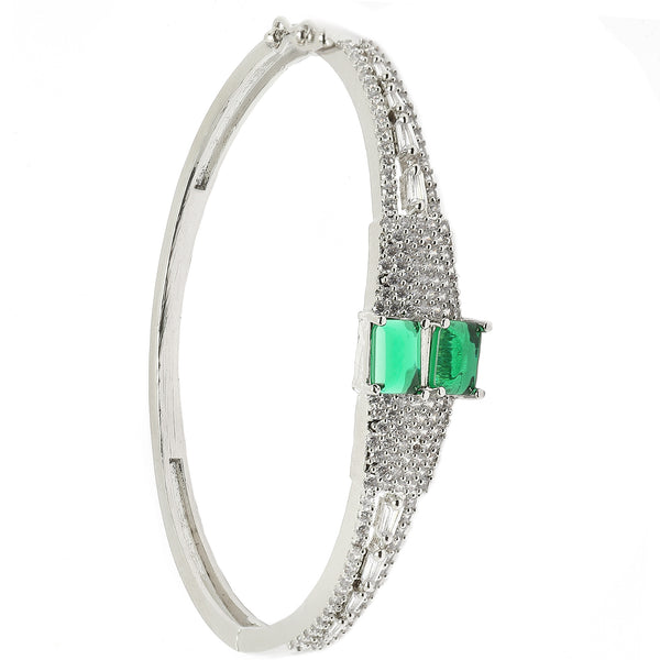 Rhodium Plated Silver Toned Square Shaped Emerald Green American Diamond Studded Bracelet