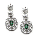 Rhodium-Plated Silver Toned Square Green American Diamond Studded Necklace with Earring Jewellery Set