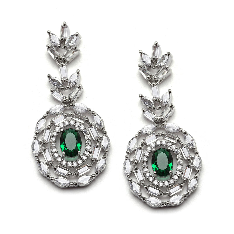 Rhodium-Plated Silver Toned Square Green American Diamond Studded Necklace with Earring Jewellery Set