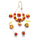 Gold-Plated Red-Yellow Gota Patti Floral White Pearls Beaded Haldi & Mehendi Jewellery Set with Maang Tikka & Haathphool Ring