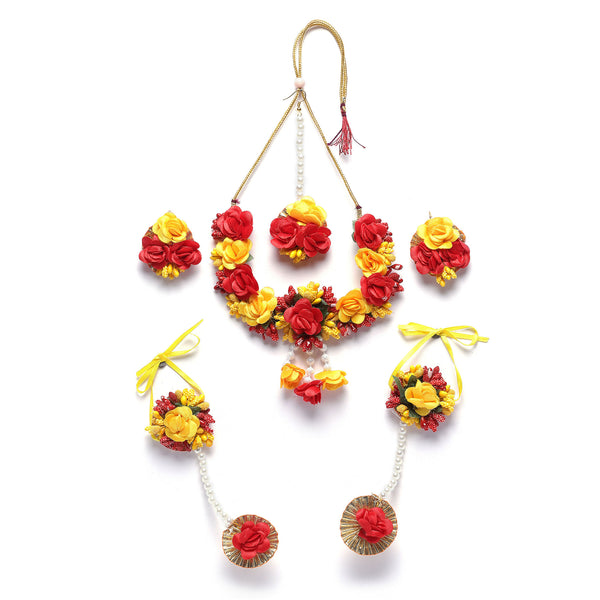 Gold-Plated Red-Yellow Gota Patti Floral White Pearls Beaded Haldi & Mehendi Jewellery Set with Maang Tikka & Haathphool Ring