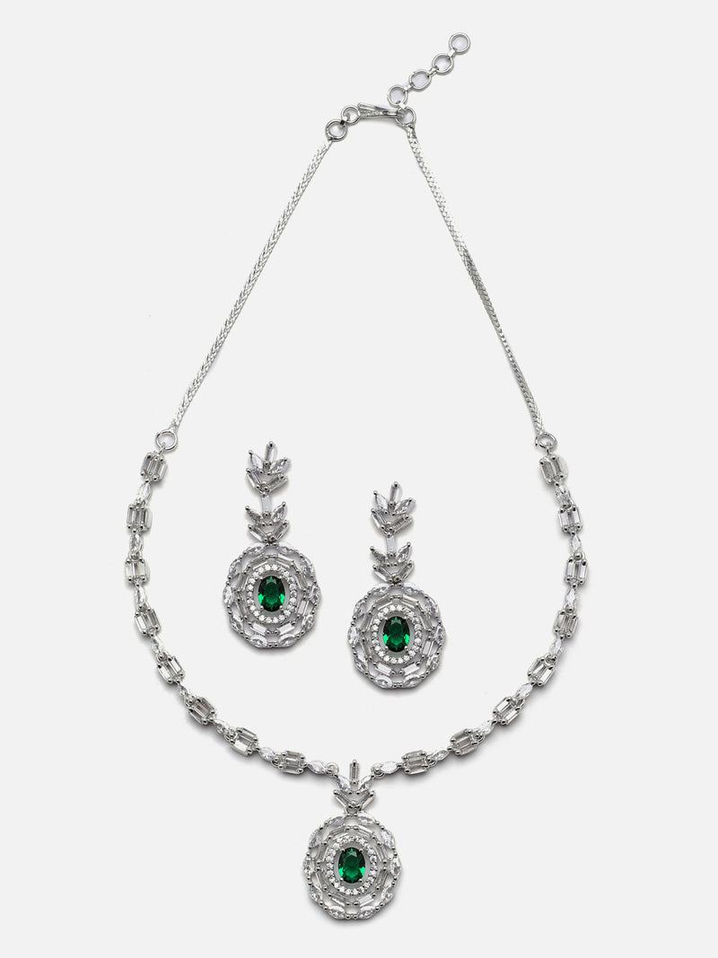 Rhodium-Plated Silver Toned Square Green American Diamond Studded Necklace with Earring Jewellery Set