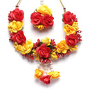Gold-Plated Red-Yellow Gota Patti Floral White Pearls Beaded Haldi & Mehendi Jewellery Set with Maang Tikka & Haathphool Ring