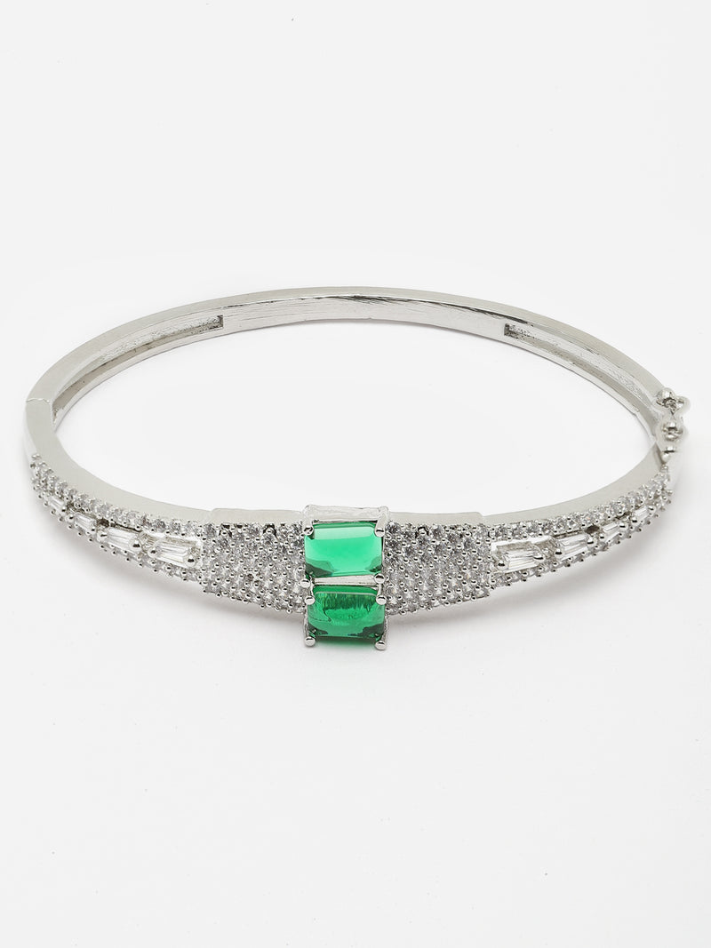 Rhodium-Plated Green Square Shape American Diamond Studded Kada Bracelet