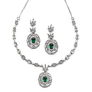 Rhodium-Plated Silver Toned Square Green American Diamond Studded Necklace with Earring Jewellery Set