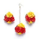 Gold-Plated Red-Yellow Gota Patti Floral White Pearls Beaded Haldi & Mehendi Jewellery Set with Maang Tikka & Haathphool Ring
