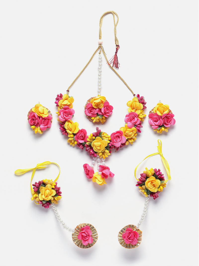 Gold-Plated Red-Pink Gota Patti Floral White Pearls Beaded Haldi & Mehendi Jewellery Set with Maang Tikka & Haathphool Ring