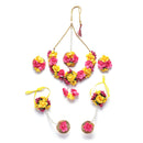 Gold-Plated Red-Pink Gota Patti Floral White Pearls Beaded Haldi & Mehendi Jewellery Set with Maang Tikka & Haathphool Ring
