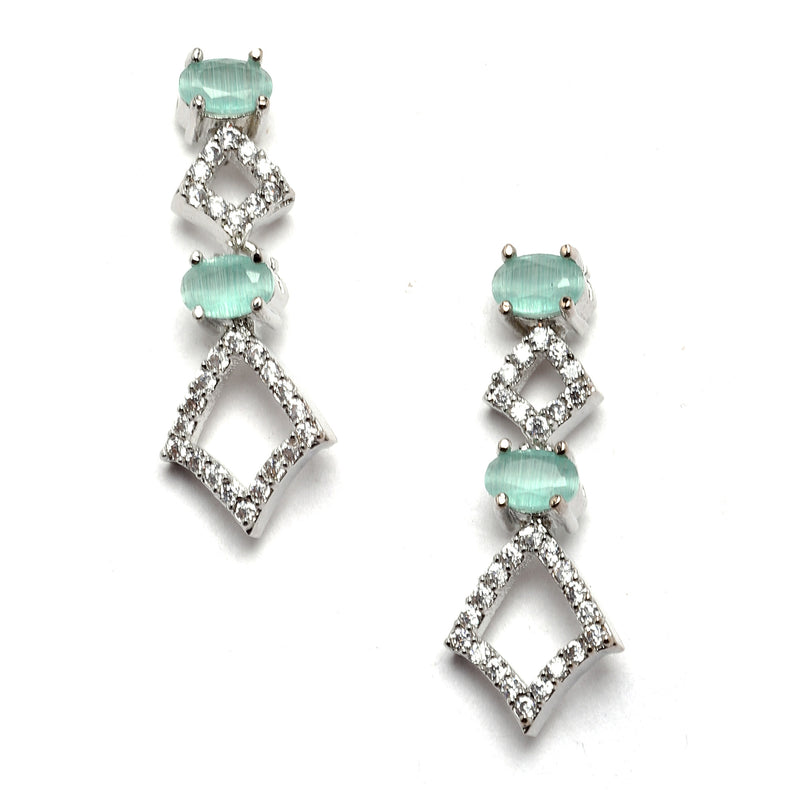 Rhodium-Plated Silver Toned Rectangle Sea Green American Diamond Studded Necklace Earrings Jewellery Set