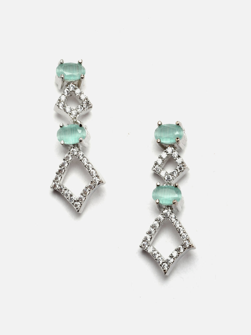 Rhodium-Plated Silver Toned Rectangle Sea Green American Diamond Studded Necklace Earrings Jewellery Set