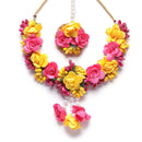 Gold-Plated Red-Pink Gota Patti Floral White Pearls Beaded Haldi & Mehendi Jewellery Set with Maang Tikka & Haathphool Ring