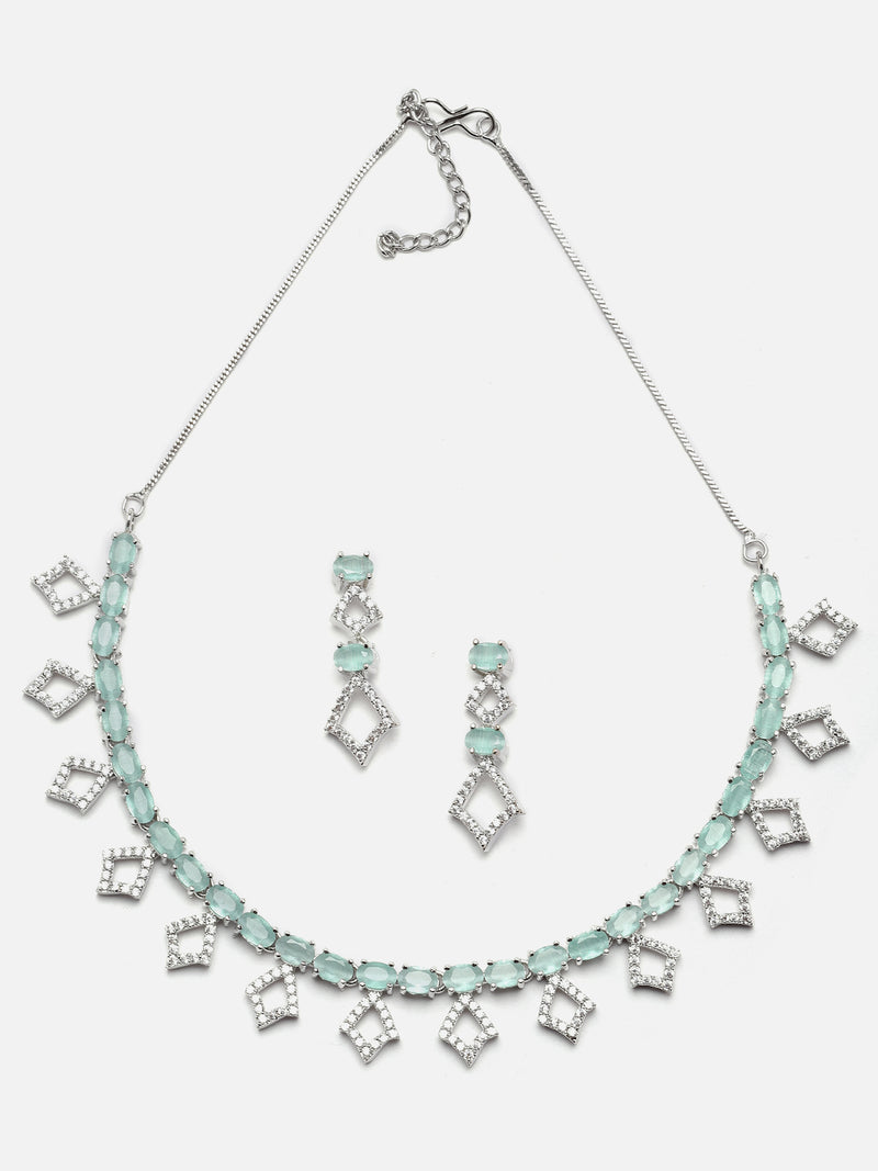 Rhodium-Plated Silver Toned Rectangle Sea Green American Diamond Studded Necklace Earrings Jewellery Set