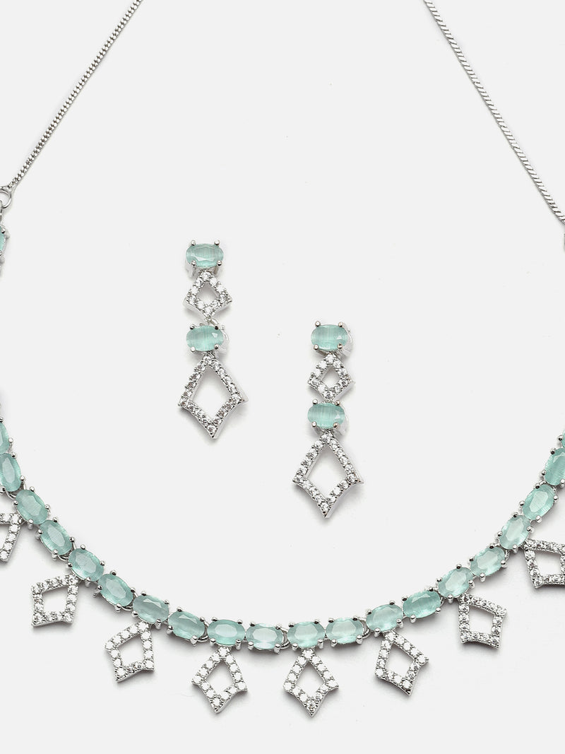 Rhodium-Plated Silver Toned Rectangle Sea Green American Diamond Studded Necklace Earrings Jewellery Set