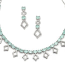 Rhodium-Plated Silver Toned Rectangle Sea Green American Diamond Studded Necklace Earrings Jewellery Set