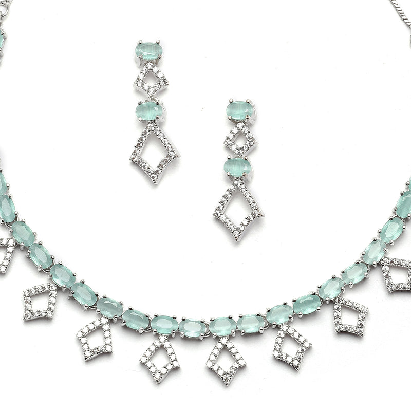 Rhodium-Plated Silver Toned Rectangle Sea Green American Diamond Studded Necklace Earrings Jewellery Set