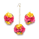 Gold-Plated Red-Pink Gota Patti Floral White Pearls Beaded Haldi & Mehendi Jewellery Set with Maang Tikka & Haathphool Ring