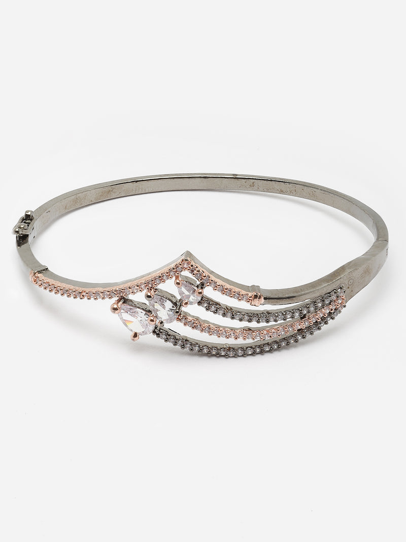 Rose Gold-Plated Gunmetal Toned White Teardrop Shape American Diamond Studded Kada Bracelet