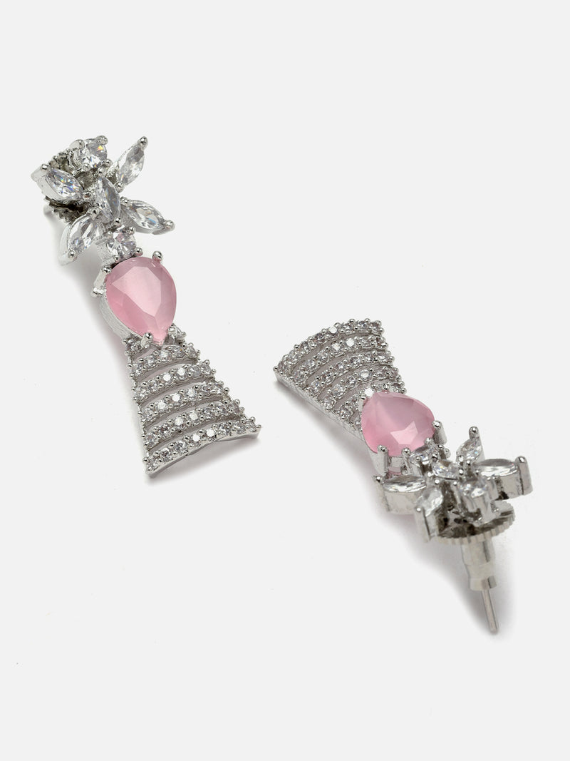 Rhodium-Plated Silver Toned Teardrop Pink American Diamond Studded Necklace Earrings Jewellery Set