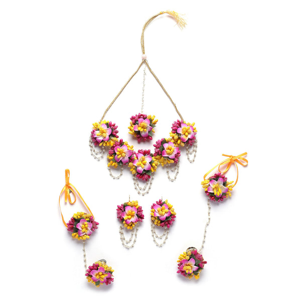 Gold-Plated Pink-Yellow Floral White Pearls Beaded Haldi & Mehendi Jewellery Set with Maang Tikka & Haathphool Ring