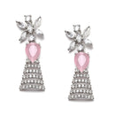 Rhodium-Plated Silver Toned Teardrop Pink American Diamond Studded Necklace Earrings Jewellery Set
