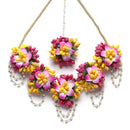 Gold-Plated Pink-Yellow Floral White Pearls Beaded Haldi & Mehendi Jewellery Set with Maang Tikka & Haathphool Ring